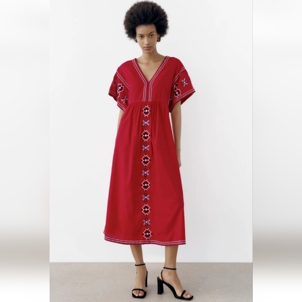 Zara Red Embroidered Poplin Tunic Midi Dress V Neck Short Sleeve XS Oversized